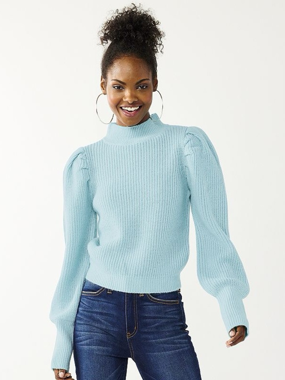 SO Light Blue Puff Sleeve Mock Neck Sweater